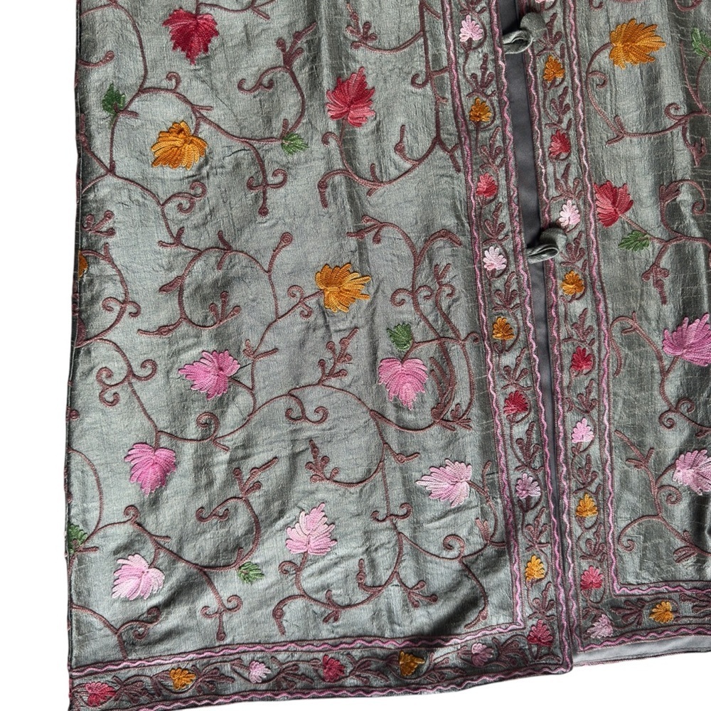 Vintage smoke-green long Kashmiri jacket embroidered size M - Picture 5 of 10